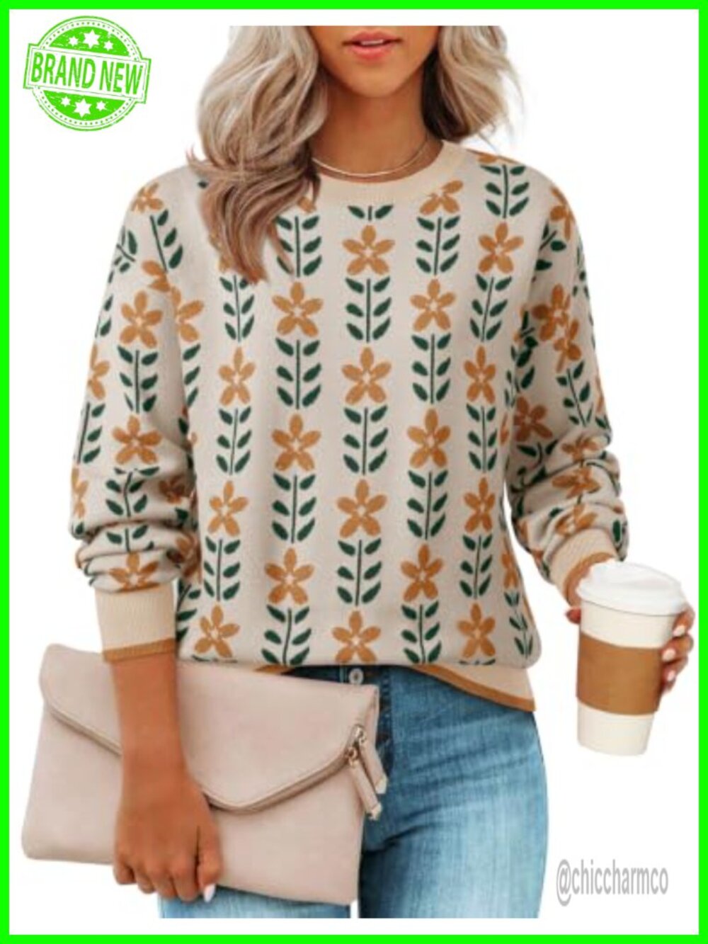 Womens Long Sleeve Crewneck Floral Print Loose Fit Knit Pullover Sweater